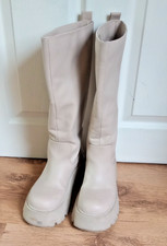 Pull and Bear cream platform chunky knee length boots