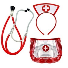 Womens 3 Pcs Nurse Costume Accessory Hat Headband Stethoscope Apron Uniform Set