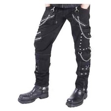 Men's Gothic Cyber Chain Pants Threads Black Punk EMO D Ring Metal Stud Trousers