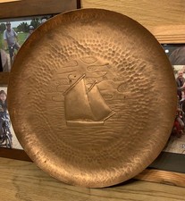 Small Newlyn Stamp Arts & Crafts Hand-Beaten Copper Galleon Charger John Pearson
