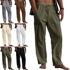 Summer Mens Casual Linen Baggy Pants Soft Cotton Trousers Elastic Waist Loose UK