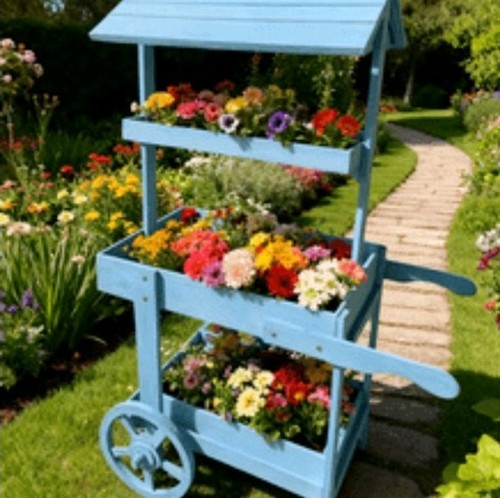 Wooden blue plant trolley - wooden,