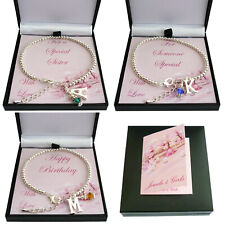 Birthstone Bracelet with Letter Charm and Silver Beads in Special Gift Box.