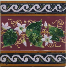 Antique 8" Tile Floral Embossed & Enameled Campbell Brick & Tile Co C1860