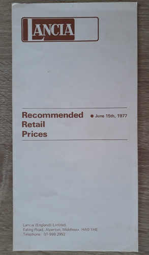 Lancia range price list - price, 1977