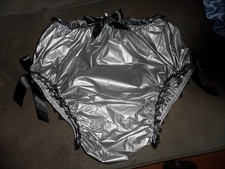 ABDL silver grey noisy  PLASTIC NAPPY PANTS black LACE TRIM SATIN BOWS M/L