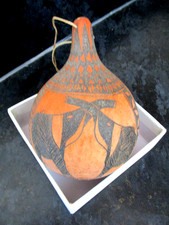 Vintage African Hand Carved Gourd Calabash Elephant Rhino Hanging 5" high      3