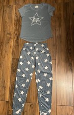 Matalan Womans Blue White Stars Pyjamas Set Velour Cuff Bottoms Cap Sleeve UK XS