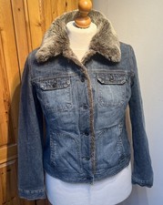 MONSOON Ladies Vintage Retro Jean Denim Jacket with Faux Fur Collar Size 12