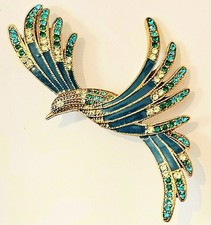 Vintage Enamel Rhinestone Swallow Brooch Blue Green Bird Gold Tone Sparkle