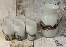Vintage Dalian Snowflake Lemonade Jug & 6 Glasses Art Glass Retro Drinks Set