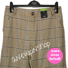 M&S Ladies Trousers Brown Mix Check Linen Rich Blend Wide Leg BNWT Marks