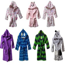 Fleece Dressing Gown Kids Super Soft Plush Age 1-13 Years Plain Patterned Hooded