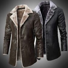 Men's Genuine Sheepskin Long Coat Fur Lined Warm Winter Leather Shearling Jacket