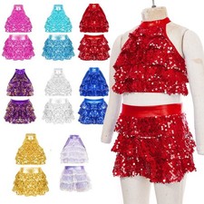 UK Kids Girls 2 Piece Dance Outfits Sequins Metallic Crop Top Skirt Dancewear