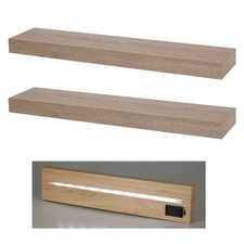 Set of 2 Wall Shelves with Built-in LED Light | Light Wood Floating Shelves 60cm
