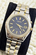 Seiko Kinetic 5M42 Two-Tone Silver Gold Navy Blue Dial Men’s Watch Date Japan