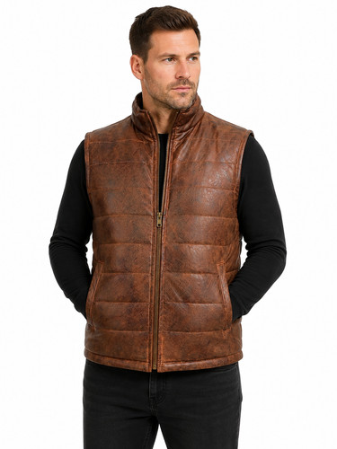 Mens leather puffer vest - leather,