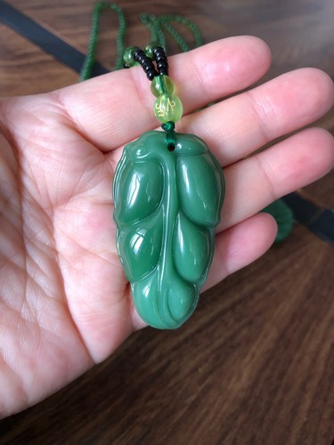 Green jade leaf pendant - green,