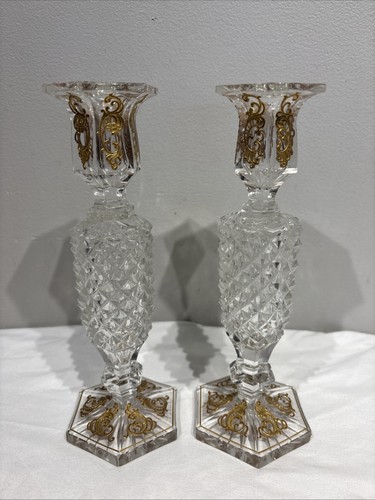 Antique cut glass candlesticks - glass,