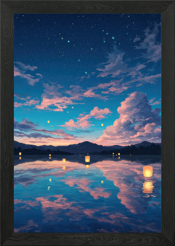 Night sky lanterns over water - lanterns,
