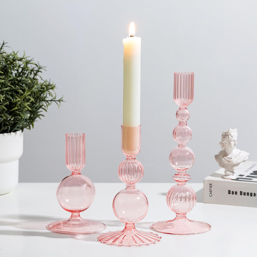 Pink glass candlestick - pink,