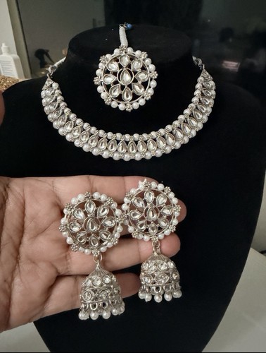 Silver tone pearl kundan - silver,