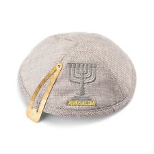 Light Grey Linen Kippah Embroidered Jerusalem Menorah Yarmulke Judaica 15 cm