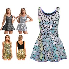 UK Womens Sparkly Mirror Sequin Mini Dress Sleeveless Rave Cocktail A-line Dress
