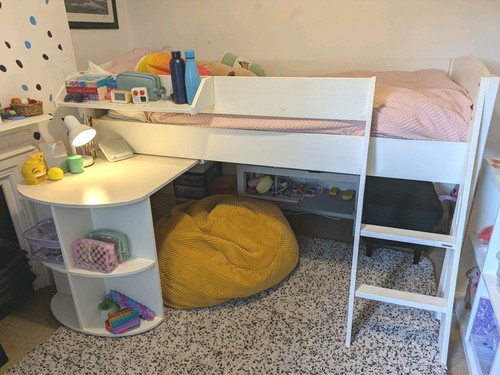 White wooden single loft - loft, bed