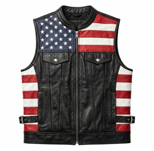 Men leather usa flag vest - leather,