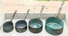 Vintage Set Small Copper Pans 4  Melting Cups Measure Brass Handles. Verdigris