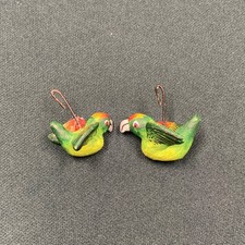 PAIR VINTAGE HANDCRAFTED MINIATURE GREEN CERAMIC BUDGIES WINGS SPREAD WITH HOOKS