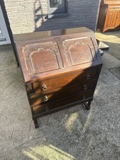 Vintage Priory Style Dark Oak Drop Front 3 Drawers Office Home Bureau