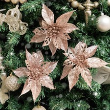 Set Of 3 Pink Glitter Poinsettia Picks - 24cm Christmas Decor