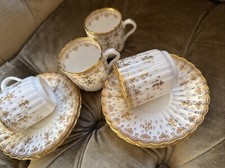 Set of 4 ~ Spode Fleur de Lys Gold Coffee Cans Cups and saucers  1st Quality