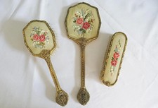 Vintage Dressing Table Set Petit Point Brass Filigree Hair Clothes Brush Mirror