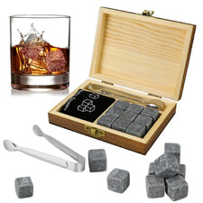 Whiskey Stones Gift Set 9 Piece Luxury Wooden Box Chilling Rocks Ice Cubes Serve
