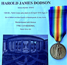 1st W.W.VICTORY MEDAL PTE.H.J.DOBSON LINC.R. K-I-A 25.4.18 WITH THE R.TANK.CORPS