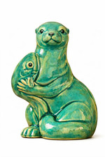 Green ceramic otter holding - otter,