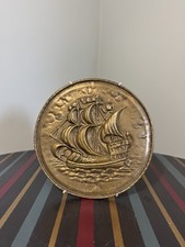 Vintage Embossed Solid Brass Wall Plate Sailing Ship 7.8” 1.45 kg