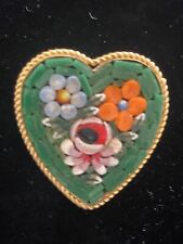 Vintage Brooch, Micro Mosaic Heart Flowers Colorful Gold Braided Edge Italy