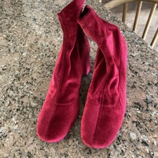 Zara Red Ankle Boots Size 37 /4 Red Velvet Block Heel Worn Once Sock Type Pull O