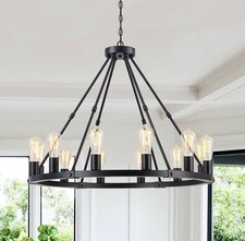 12 Lights Black Wagon Wheel Chandelier, Industrial Farmhouse, Pendant Light