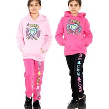 A2Z 4 Kids Girls Tracksuit Smile Laugh Love Print Hooded Top Bottoms Outfit Set