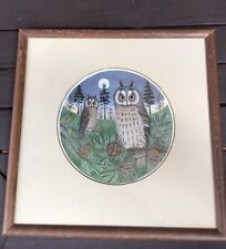 Vintage Framed Sharon Jervis Owls Autumn Wildlife Art Print Village Green 1980