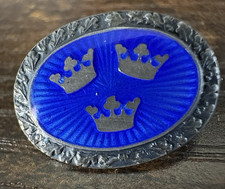 Vintage Antique 1939 Swedish 3 Crown Blue Enamel Brooch Pin