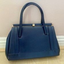 Vintage Navy Leather Hard Sided Box Top Handle Handbag Bag Gold 50s 60s 70s
