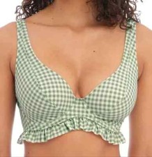 FREYA Check in Bikini Top Size 32G Green White High Apex Plunge Racer Bra 201913