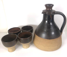 Studio Pottery Carafe Jug Decanter With Stopper Goblets Wine Water Set Marked W